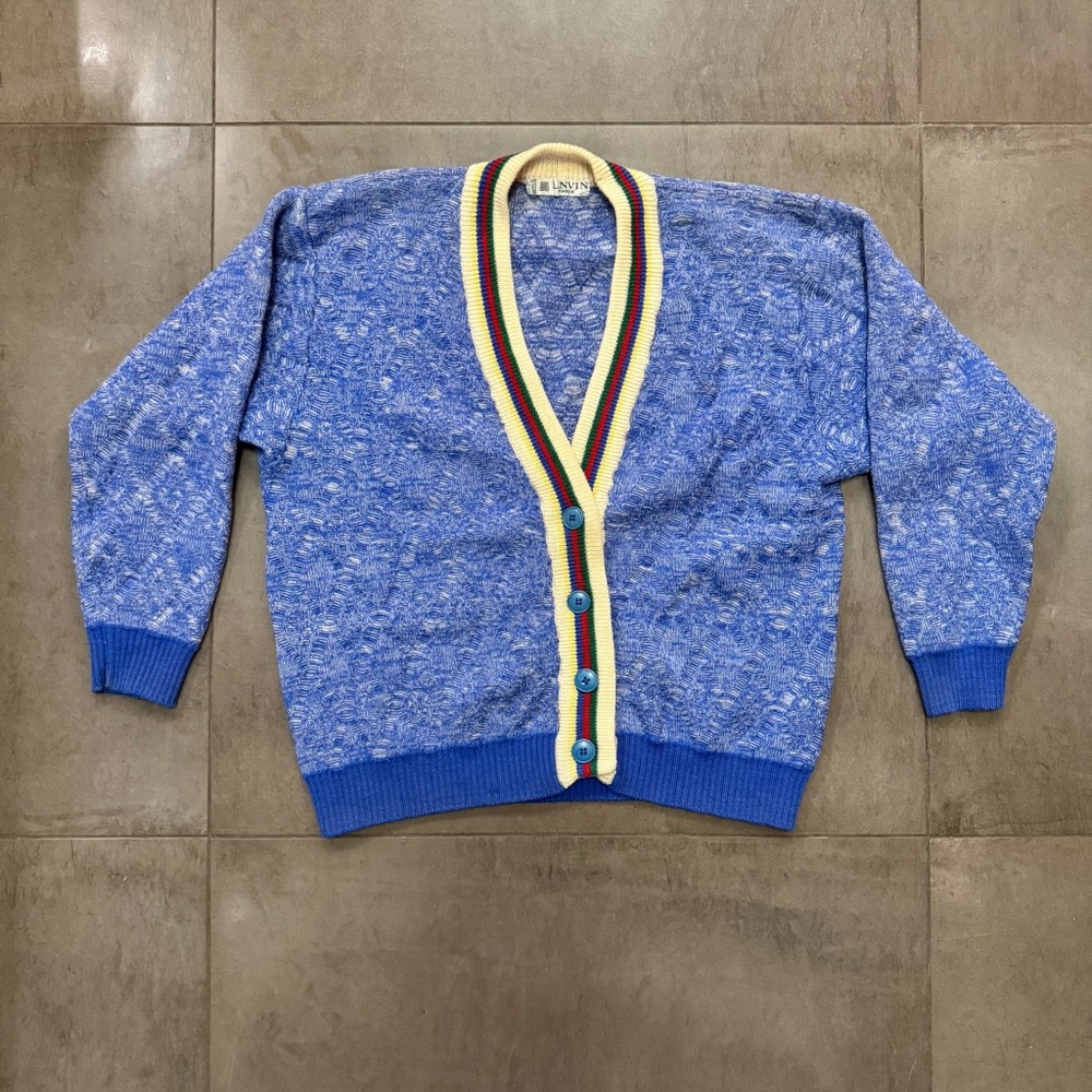 Vintage Lanvin Blue Wool Cardigan with Multicolor Striped Trim